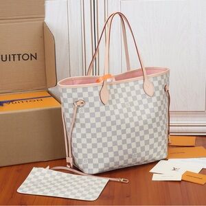 Louis Vuitton White and Pink Checkered Tote Bag